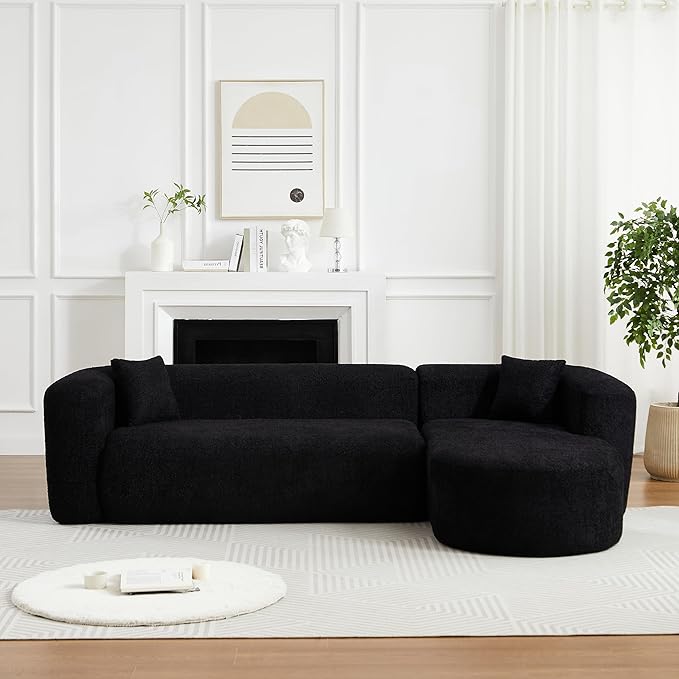 KEIKI 109.4 Curved Sectional Sofa Chenille Cloud Couch with 2 Pillows L-Shape Boneless Right Facing Sofa for Living Room Guest Bedroom Black