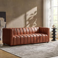 HULALA HOME 83 Genuine Leather Sofa with Channel Tufted Design 3-Seater Sofa for Living Room Bedroom Modern Oversized Couch with Wood Legs Brown