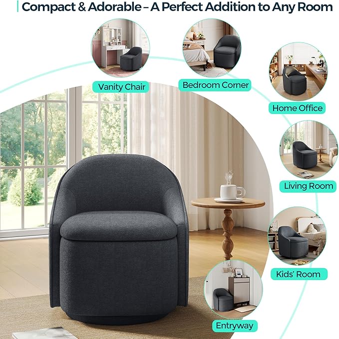 LINSY Swivel Accent Chair with Storage Comfy Chenille Barrel Chairs Small 360 Swivel Modern Armchair for Living Room Bedroom Boucle Reading Chair for Study Room (Grey)