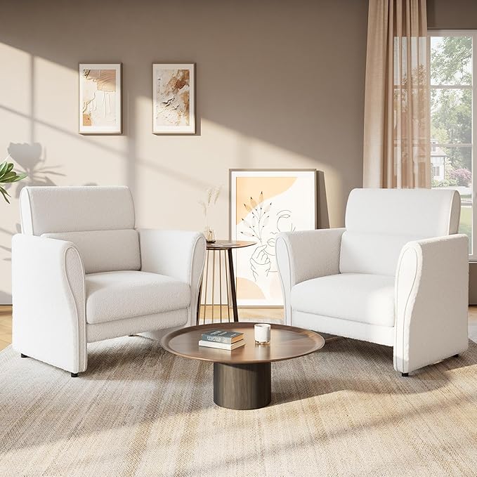 IDEALHOUSE Modern Accent Chair for Bedroom Upholstered Reading Armchair Furry Sherpa Boucle Chair Mid-Century Lounge Comfy Single Sofa for Living Room Home Office Ivory