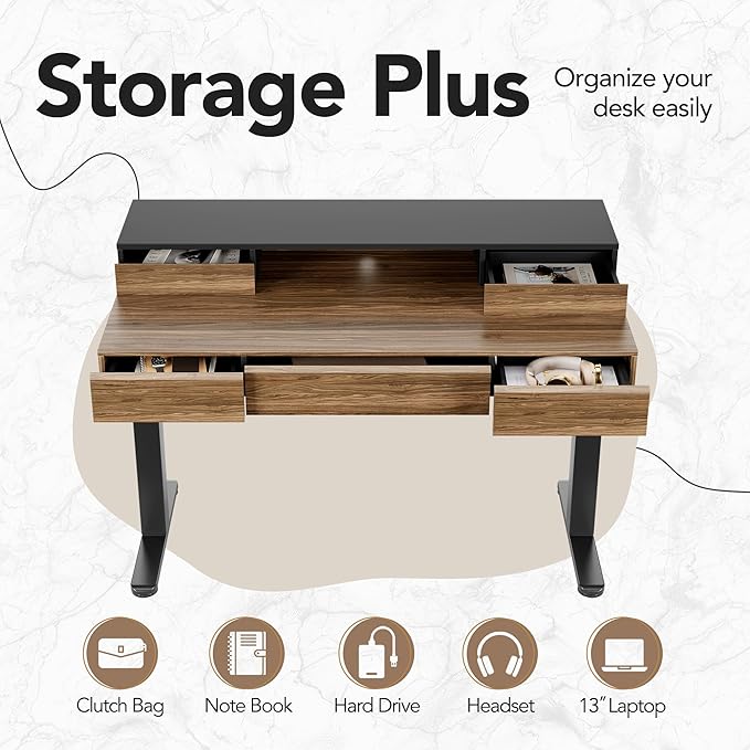 HUANUO Standing Desk with Drawers 48 Inches Electric Height Adjustable Desk with Storage Whole-Piece Board Sit Stand Up Desk with Monitor Shelf Black Walnut