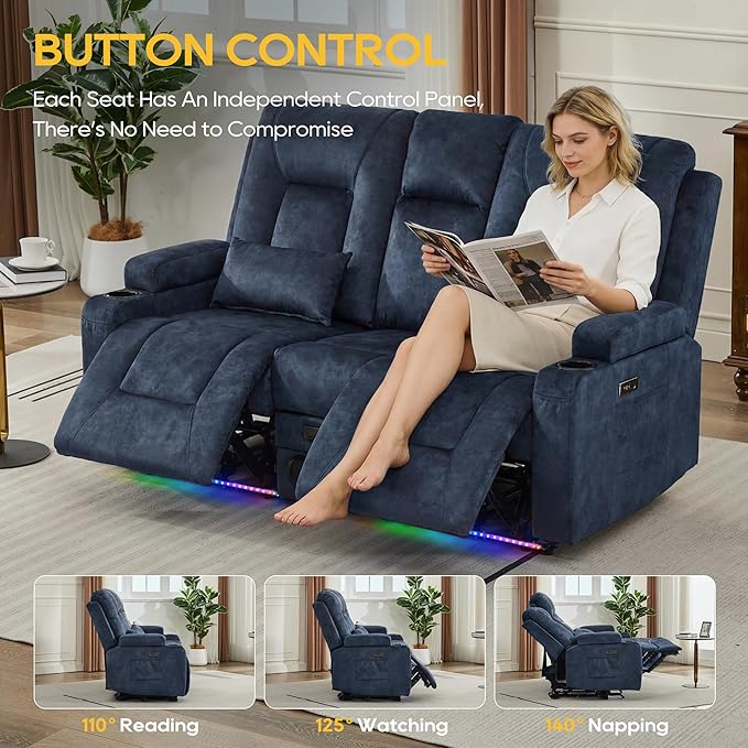 IPKIG Power Recliner Loveseat with Console Zero Wall Hugger Sofa Couch Velvet 2-Seater Sofa with LED Lights AC Outlets USB Ports Cup Holders Blue | Storage Drawer Bluetooth Speaker Living Room