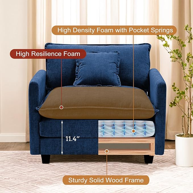Furniliving Oversized Accent Chair with Ottoman Luxury Chenille Single Sofa Upholstered Deep Seat Chaise Lounge with Pillows for Living Room Bedroom Apartment Blue