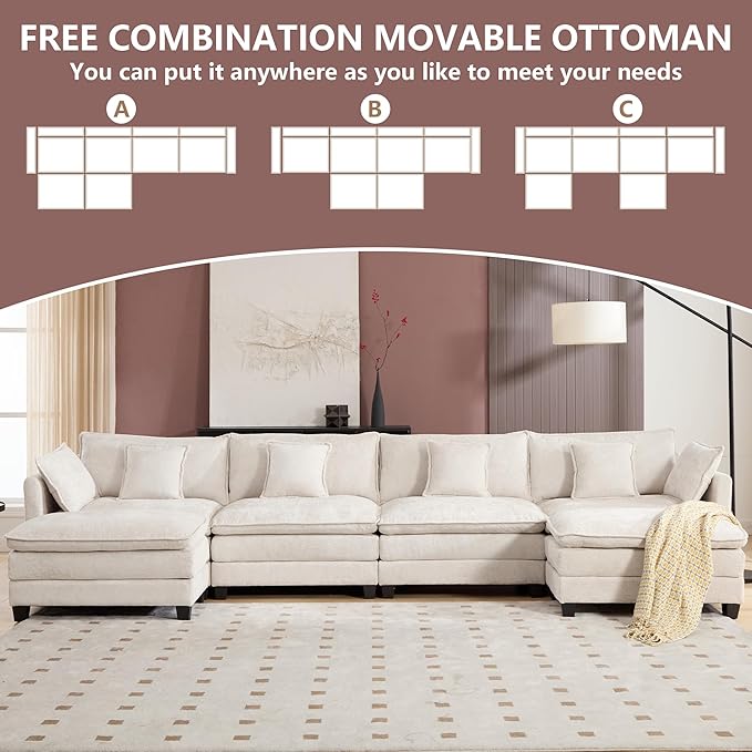 Cloud Modular Sectional Sofa U-Shaped Deep Seat Oversized Couch for Large Living Room Pet-Friendly Chenille Fabric Sofa Set with Ottoman for Family Movie Nights