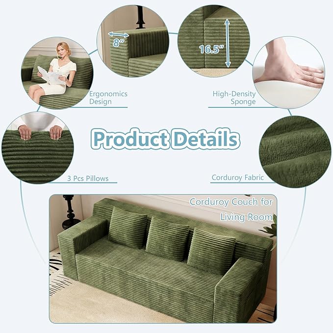 71Cloud Loveseat SofaModern 2-Seater Boneless Couch with 3 Pillows &amp Side PocketSoft Corduroy Love seatCompressed FoamDeep SeatNo Assembly for Living RoomBedroomApartment(Flat HandrailGre
