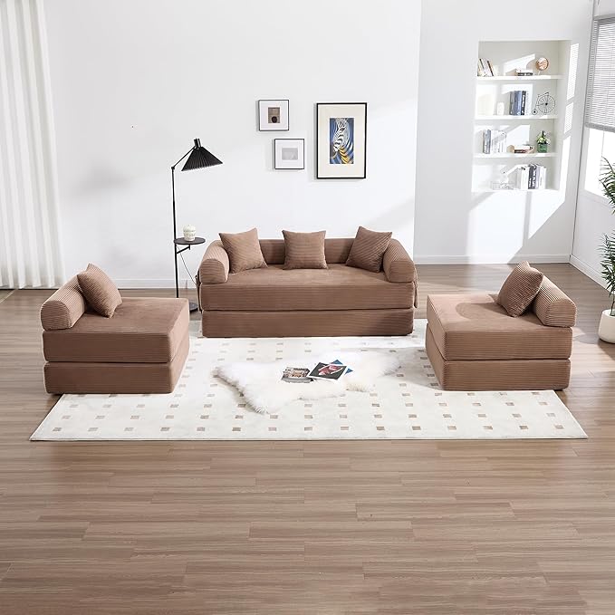 106.3 Oversized L Shaped Convertible Sleeper Sofa Bed Corduroy Modular Folding Sectional Sofa with Cylindrical Pillow &amp Storage Bags Modern Floor Mattress Couch for Living Room Brown