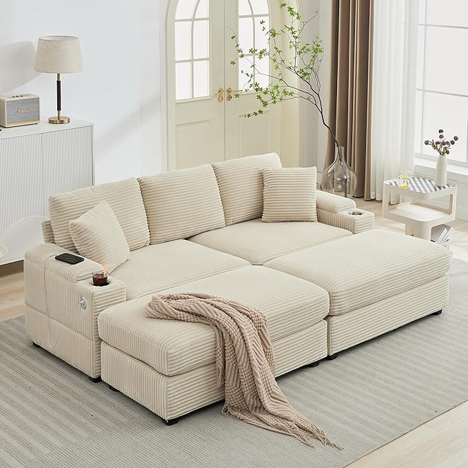 86.6 Sectional Sofa Couch with 2 Ottomans Comfy Corduroy Upholstered Cloud Modular Convertible Couch with Cup Holders and USB Armrest Storage Deep Seat Oversized Loveseat for Living Room Beige