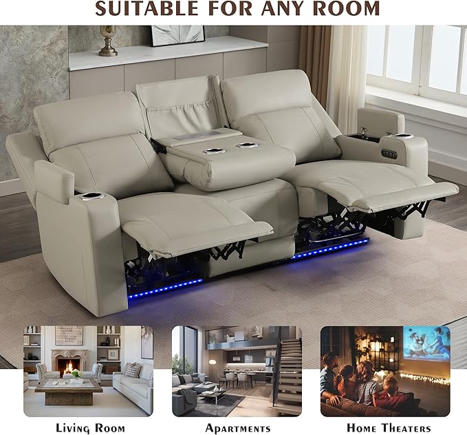 Dual Motor Power Reclining Sofa Breathable Leather Reclining Couch with Power Headrest/LED Light/Armrest Storage Recliner Sofa 3 Seater for Living Room (Grey 3 Seater)