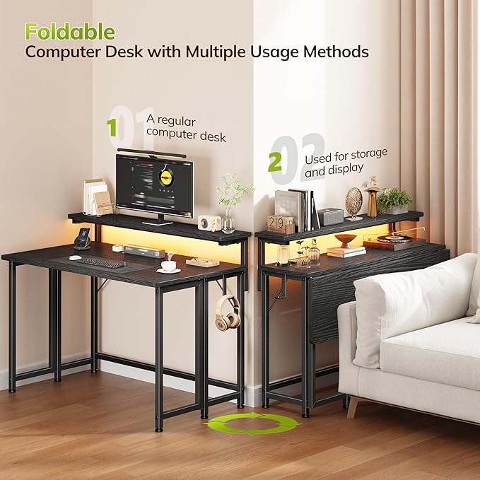 Folding DeskFoldable Computer Desk with Monitor Stand39.4 Inch Gaming Desk with LED Lights &amp HooksSpace Saving Sofa Table for CouchHome Office Desk for Bedroom Living RoomBlack