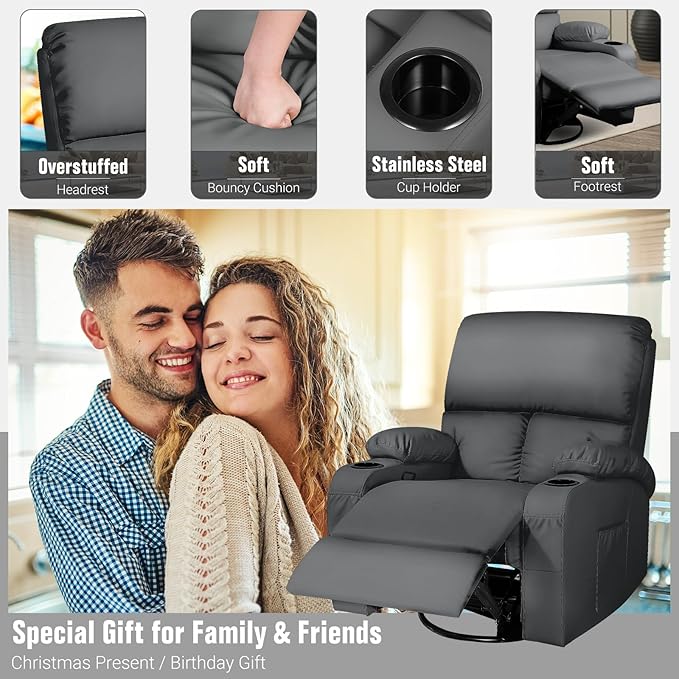 LEVELEVE Rocking Recliner Chair Massage Rocker Recliner Chair with Vibration Massage and Heat 360° Swivel Faux Leather Chairs Living Room Bedroom Nursery RV Dark Grey