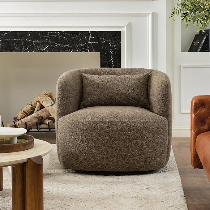 KINWELL 34 Wide Sherpa Swivel Barrel Chair No Assembly Round Boucle Upholstered Accent Chair Armchair Single Sofa Chair with Toss Pillow for Living Room and Bedroom Teddy Brown