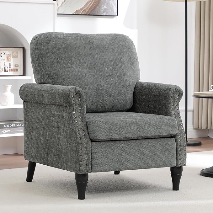 Accent Chair for Living Room Modern Mid Century Reading Chair Armchair High Back Upholstered Armchair with Wooden Legs for Office Apartment Small Room 1PCS LIGHTGREY