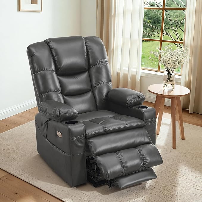MCombo Large Triple Motor Power Lift Recliner Chair with Massage and Dual Heating Adjustable Headrest for Tall Elderly People Faux Leather 7634 (Dark Grey Large)
