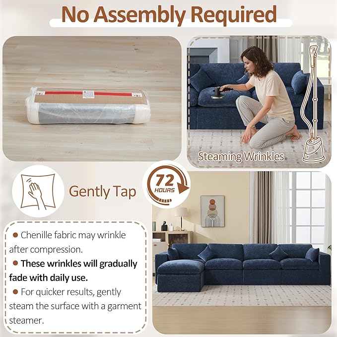 155''Cloud Boneless Sectional Couch Modular Sectional Sofa Deep Seat with Ottoman Oversized Upholstered Convertible Comfy 5 Seater Chenille Sofa L Shape Couches for Living Room Navy