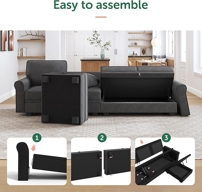 HONBAY Sectional Sofa with Storage Seat U Shaped Couch with Reversible Chaise Convertible Sectional Couches for Living RoomDark Grey