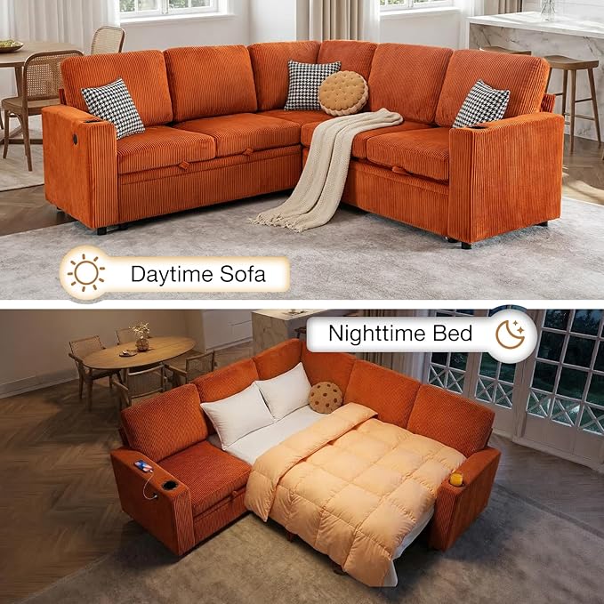 83 Sleeper Couch with Pull Out Sofa Bed 5-Seater Sectional Couches for Living Room L-Shaped Couch with Storage USB Port &amp Cup Holder Corduroy Convertible Corner Sofa for Apartment
