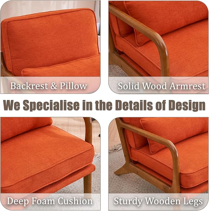 Mid Century Modern Accent Chair for Living Room Upholstered Armchair with Solid Wood Frame Comfy Reading Boho Chair for Bedroom (Orange)