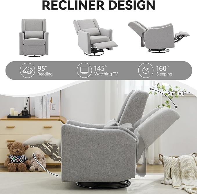 Lazy Boy Glider Recliner Nursery Chair with Wingback Swivel Rocker for Small Spaces Thick Cushion Linen (Grey 1)