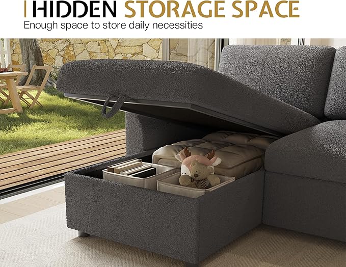 Jocisland Sofa Bed L Shaped Sleeper Sofa with Storage Chaise Pull Out Sofa for Living Room Guest Room Apartment Grey Boucle Couch