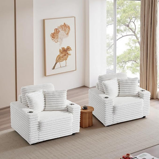 UIXE Accent Chairs Set of 2 Faux Fur Upholstered Armchair with Cup Holder for Living Room Comfy Arm Chair Wide Armrest Single Sofa Bedroom Reading Seat w/Throw Pillows - Beige