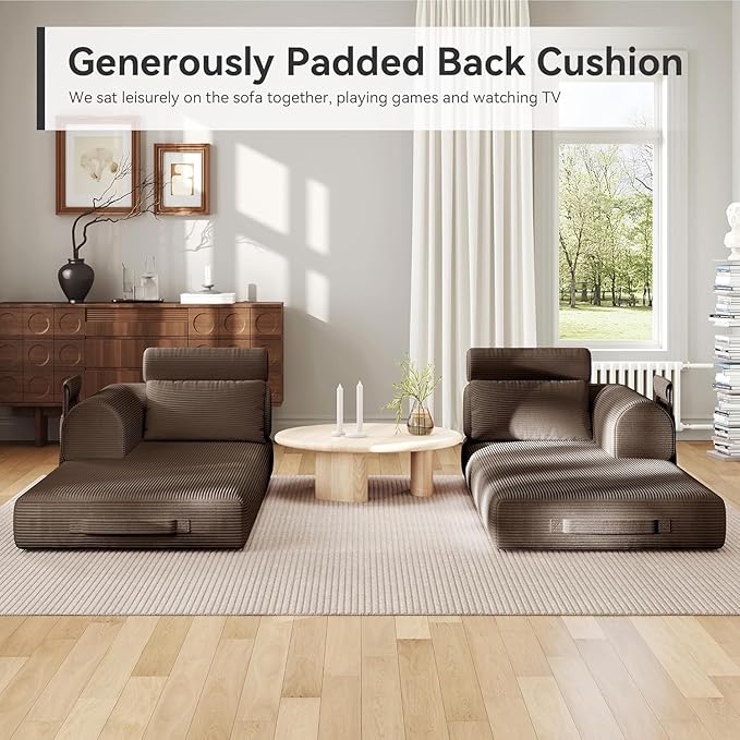 79'' Upgrade High Backrest Sofa Bed with Fixed Frame Removable Armrests &amp Backrest Corduroy Fabric Convertible Couch for Small Spaces No Assembly Needed (High Backrest Brown)