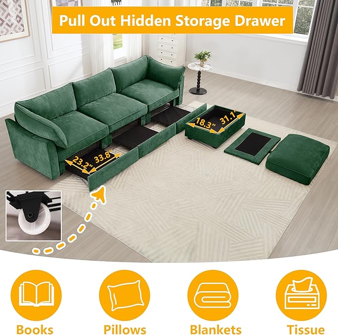 Aoowow Modular Sectional Sofa with Pullout Storage Seat 112.6” L-Shaped Chenille 3-Seat Sofa Couch with Storage Ottoman Upholstered Deep Couches for Living Room Apartment OfficeGreen