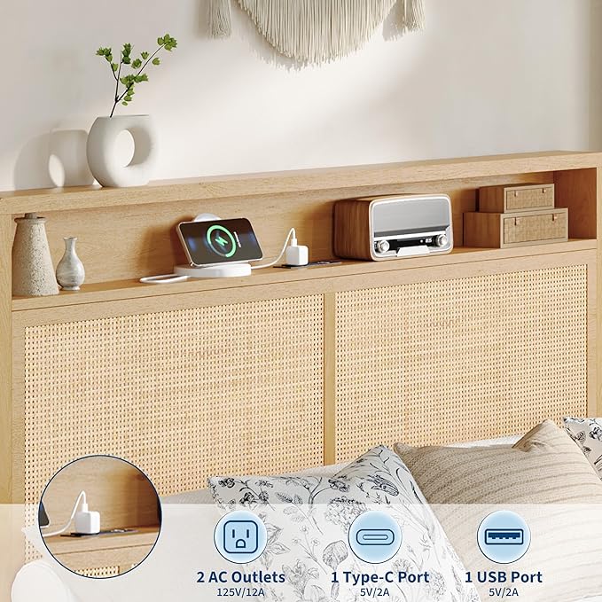 GAOMON Rattan Bed Frame Full Size with RGB LED Light &amp Charging Station Boho Rattan Full Bed Frame with 2 Tier Storage Headboard Sturdy Wooden Slats Support Under Bed Storage No Box Spring Nee