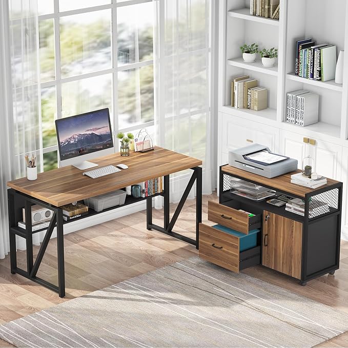 Tribesigns 55-inch L Shaped Desk with Drawer Cabinet Executive Computer Desk and lateral File Cabinet 2 Piece Home Office Furniture with Drawers for Hanging File Doors with Locks (Brown 55 inches)