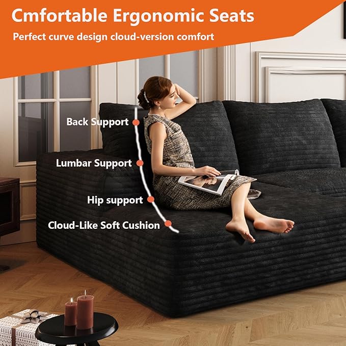 96 Boneless Cloud Modular Sectional Sofa – L-Shape Corduroy CouchDeep Seating Comfort No Assembly Ideal for Apartments &amp Small Living Rooms (Dark GrayLeft Facing)