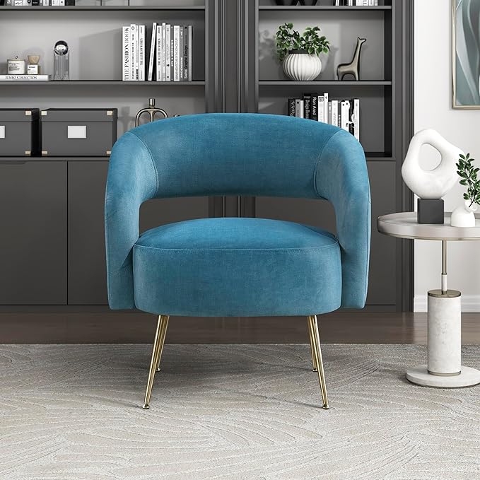 Lexicon Mid-Century Modern Velvet Accent Chair with Open Back Gold Metal Legs Upholstered Curved Barrel Armchair for Living Room/Bedroom/Office Easy Assembly Dark Teal