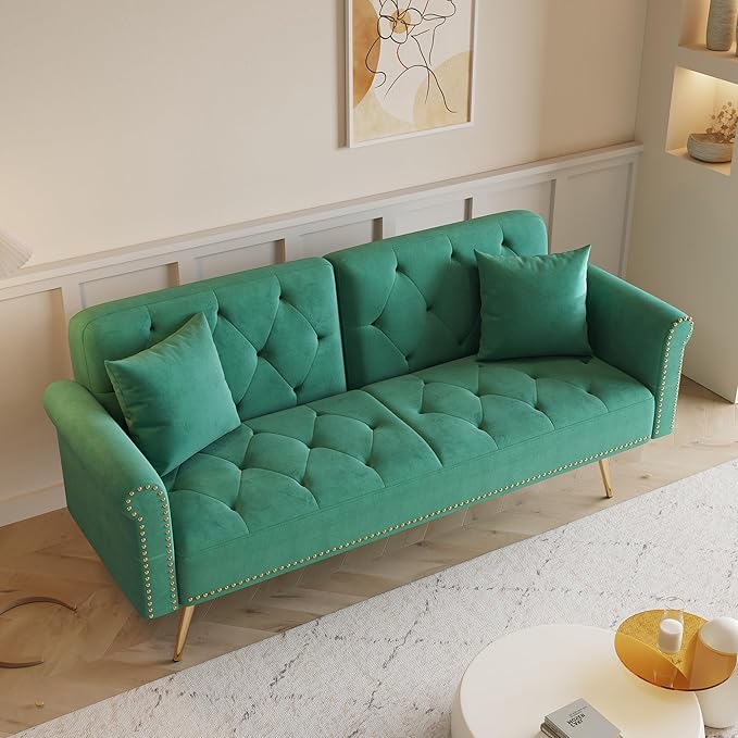 Modern Velvet 2 in 1 Futon Sofa BedConvertible Folding Sleeper Bed Couches with 2 Pillows73 Tufted Recliner Love Seat with Golden Chrome Legs for Living Room Apartment Office (Green)