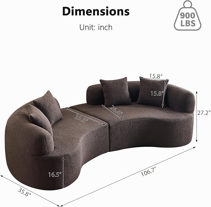 106.7 Modern Curved Oversized Sectional Sofa Minimalist Modular Cloud Couch with 4 Throw Pillows Luxury 4-Seater Extra Deep &amp Wide Seat Sofa in Soft Teddy Fabric Dark Brown