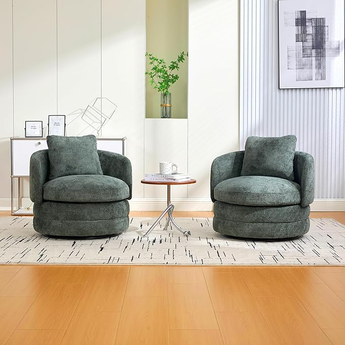 30 W Modern Round Swivel Accent Barrel Chair No Assembly Comfy Chenille Upholstered Cozy Armchair for Bedroom Living Room Hotel Club Reading Room (Green 1-Pack)