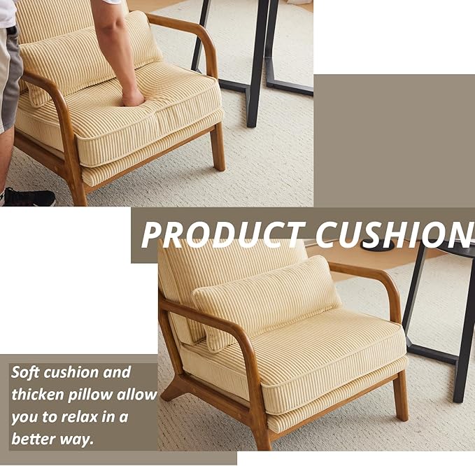Karl home Mid-Century Modern Accent Chair Living Room Chairs with Pillow Corduroy Upholstered Lounge Armchair with Solid Wood Frame &amp Soft Cushion for Bedroom Reading Room Beige &amp Yellow