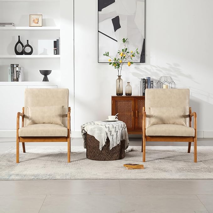 Modern Accent Chair Solid Wood Padding Lounge Armchairs with One Pillow for Living Room Bedroom Guest Room (Khaki PU)