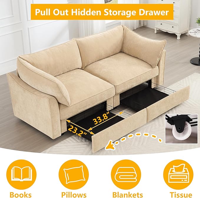 Aoowow Modular Sectional Sofa with Pullout Storage Seat 78.7” Chenille Loveseat Sofa Comfy 2-Seat Sofa Couch Upholstered Deep Seat Couches with Armrests for Living Room Apartment OfficeWheat