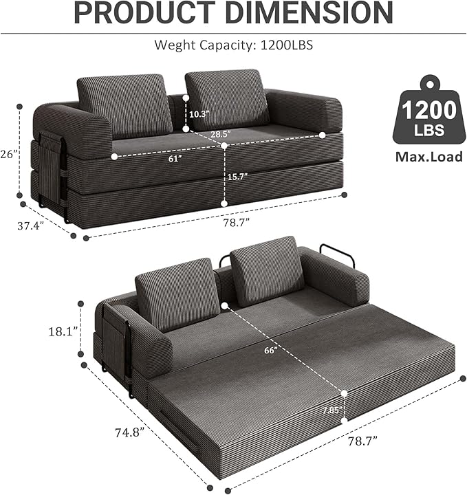 Convertible Sleeper Sofa Bed 3-Seat Corduroy Futon Couch with Cylindrical Pillow Foldable Mattress for Living Room &amp Bedroom 79 Inch Multi-Functional Sofa (Dark Gray)