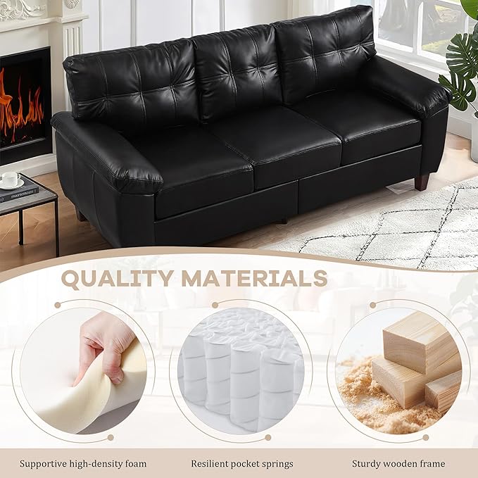 2+3 Seat Modular Sofa Set Faux Leather Sectional Couch with Deep Seats &amp Wide Armrests Mid-Century Tufted PU Upholstered Sofa Set for Living Room Apartment Office Vintage Storage Couch Black