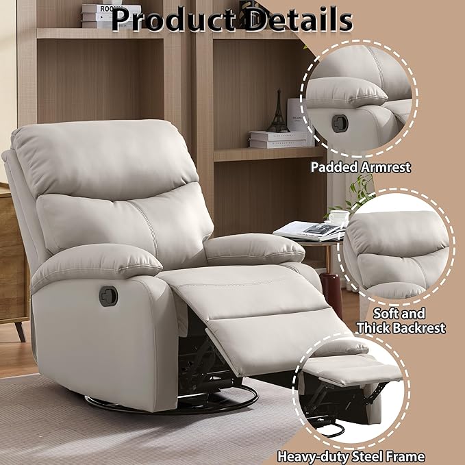 Genuine Leather Swivel Recliner Rocking Reclining Chair for Heavy Duty Adults 350LBS Manual Swivel Rocker Recliner Chair for Living Room Bedroom RV Nursery Beige
