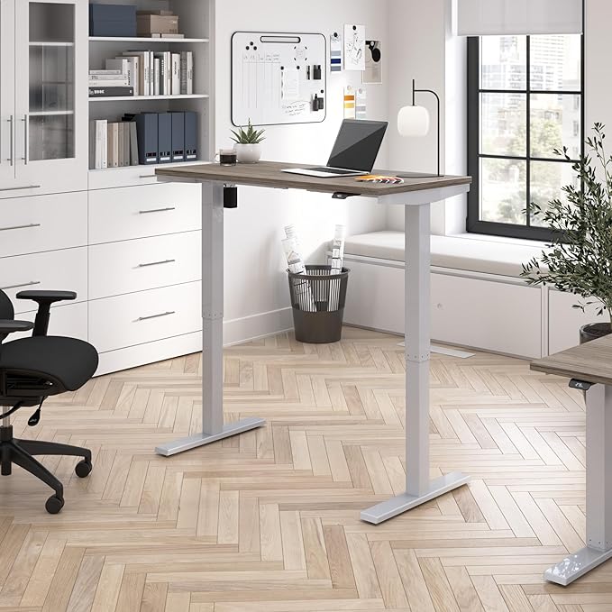 Bush Business Furniture 48-inch Electric Height Adjustable Standing Desk Ergonomic Sit-Stand Computer Table for Home and Professional Office Move 40 Series Modern Hickory with Metallic Gray Base