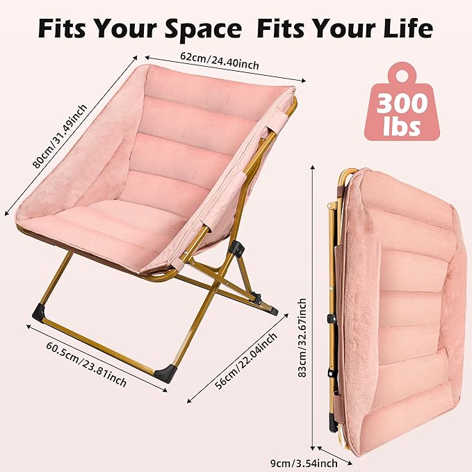 Comfy Saucer Chair for Adults Soft Faux Fur Bedroom Chair Cozy Folding Lounge Chair Reading Chair for Living Room Dorm &amp Bedroom Pink