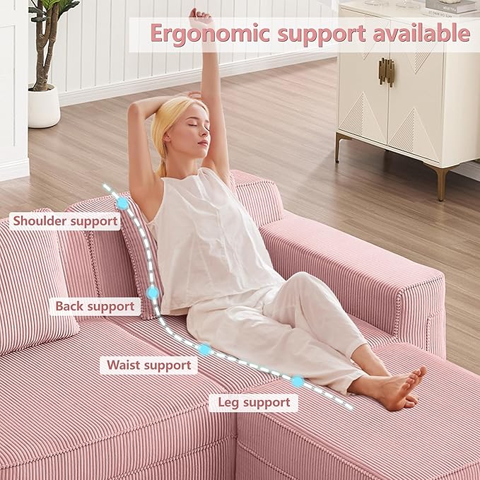 117.3 Corduroy Boneless Sectional Couch with High Density Memory Foam SofaCloud Sofa with Deep Seats and Wide Armrests3 Seater Pink Sofa for Living Room Apartments