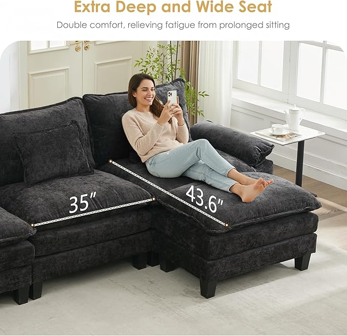 URRED Cloud Couch Modular Sectional Sofa 87 Modern L Shaped Deep Seat Sofa with Ottoman &amp Pillows Ultra Comfy Chenille Couches for Living Room Bedroom or Apartment Black