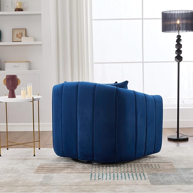 360° Swivel Barrel Chair with Curved Backrest 40 W Velvet Armchair with 3 Soft Pillows Accent Lounge Chair with Channel Tufted Design for Living Room Bedroom Studio Navy