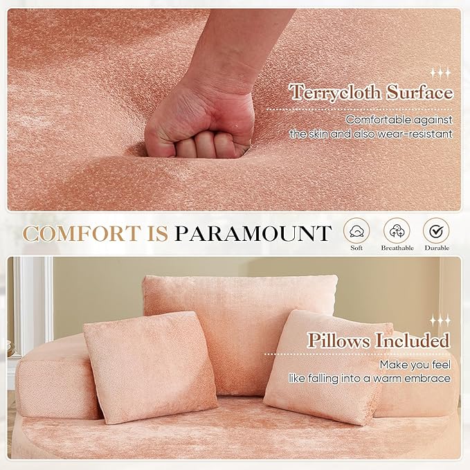 Modern Round Accent Sofa Chair for Living Room Upholstered Soft Terrycloth Barrel Lounge Arm Chair with Large seat&ampThrow Pillows for Bedroom Office Apartment Pink