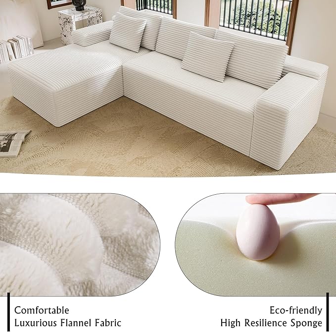 White sectional couches for Living Room Corduroy Couch104 Cloud Sectional Couch with L-Shape Chaise Modern Modular Sofa Deep Seat Comfort No Assembly Required(Plush Corduroy Fabric)