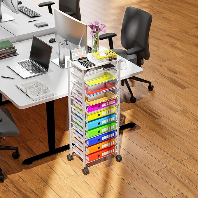 Simple Trending 12 Tier Rolling File CartWood Desk File Organizer with Sliding Trays and Wetal Mesh Paper Letter Storage Multi-Functional Rolling Clutter Cart for Office Home SchoolWhite