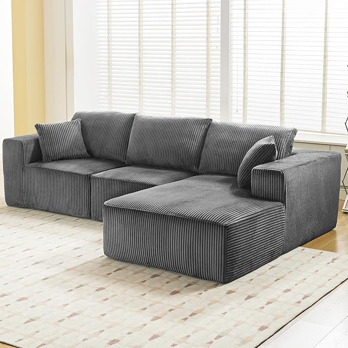 Sectional Cloud Boneless Couch 108 Modern Comfy L-Shape No Assembly Required Convertible Compression Sleeper Modular Sofa with Corduroy Fabric Deep Seat Loveseat + Chaise for Living Room