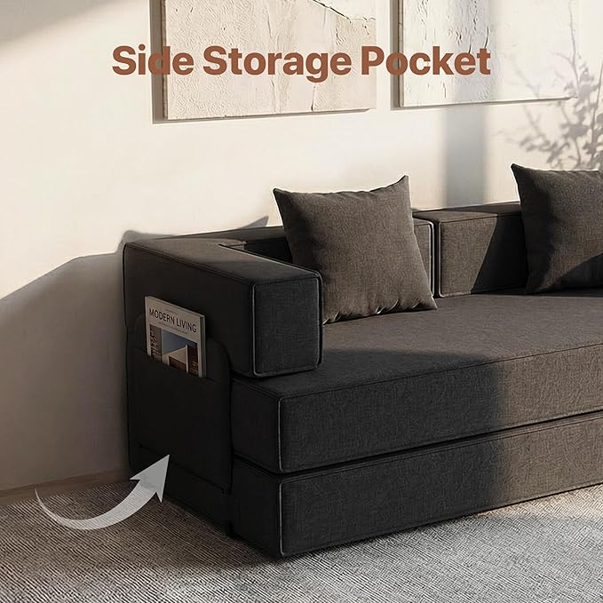 Claiks 4-in-1 Convertible Sofa Bed82 Inch Compression Sofa with Corduroy Fabric Pull Out Sleeper Sofa with 2 Pillows &amp 4 Side Pockets for Living Room Bedroom ApartmentNo Assembly RequiredBlack