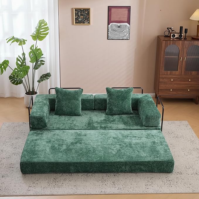 Folding Sofa Bed Convertible Sleeper Sofa Chenille Floor Couch with Pillows Fold Out Couch King Size Bed Futon Foldable Memory Foam Mattress for Living Room Bedroom Playroom (Green)